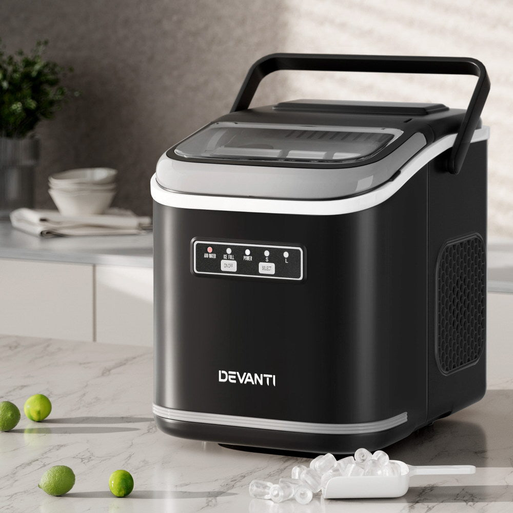 Devanti Ice Maker Machine Portable 12kg Countertop w/Self Cleaning 1.3L Black