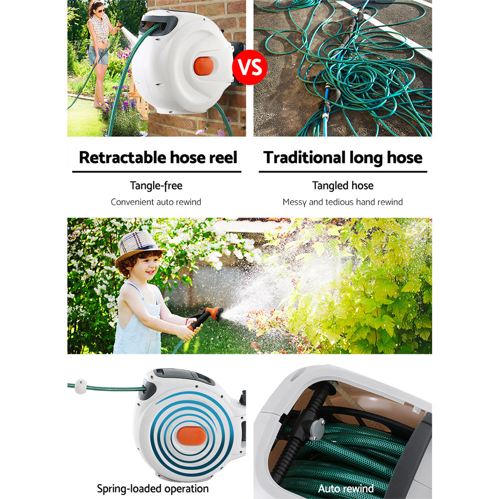Green Fingers Water Hose Reel 20M Retractable Garden Spray Gun Auto Rewind