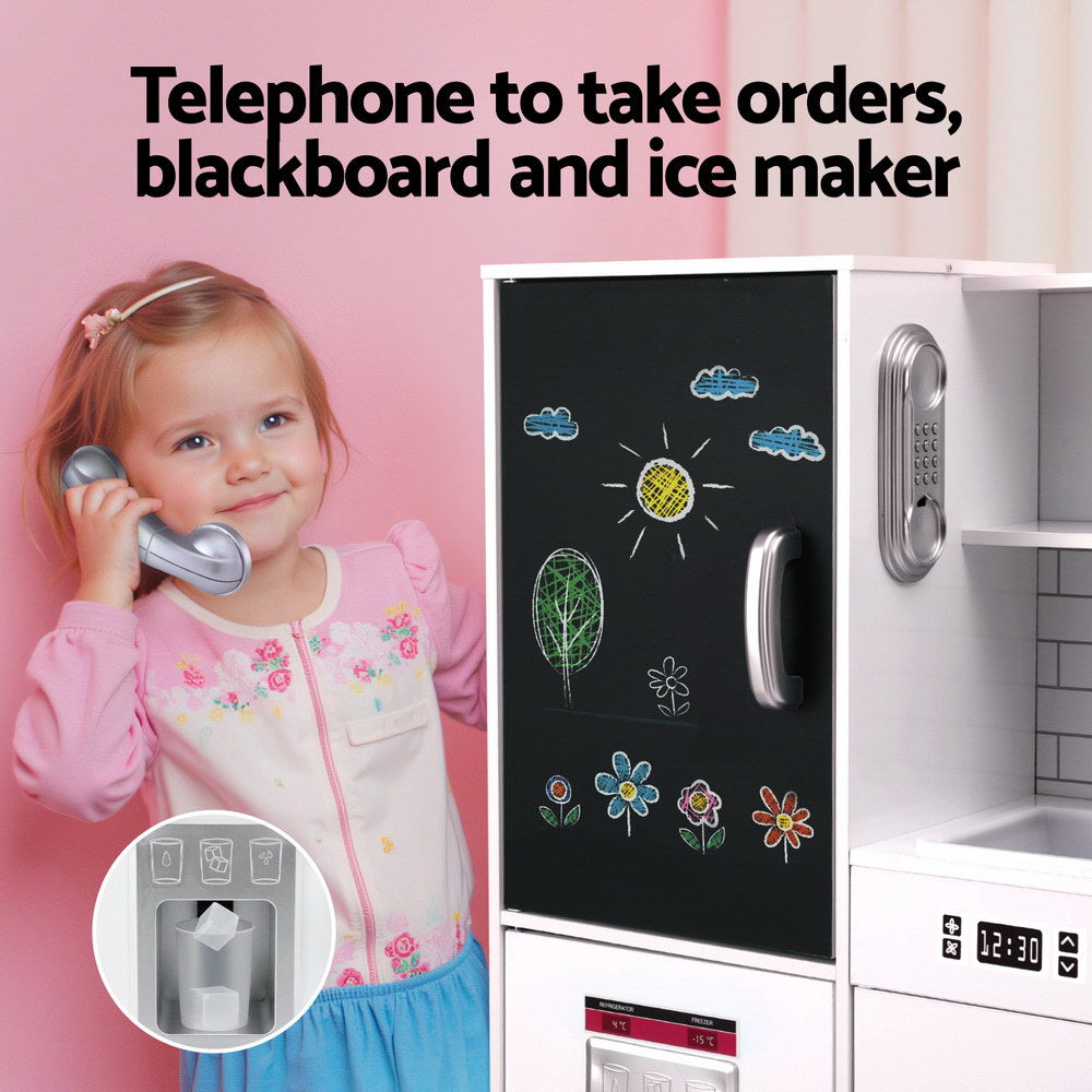 Keezi Kids Wooden Pretend Kitchen Play Set Cooking Toys Pot Ice Cup Oven Blackboard 80CM White